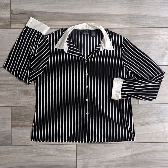 Laura Scott Silk-like Stripe Button Down Blouse - Picture 1 of 3